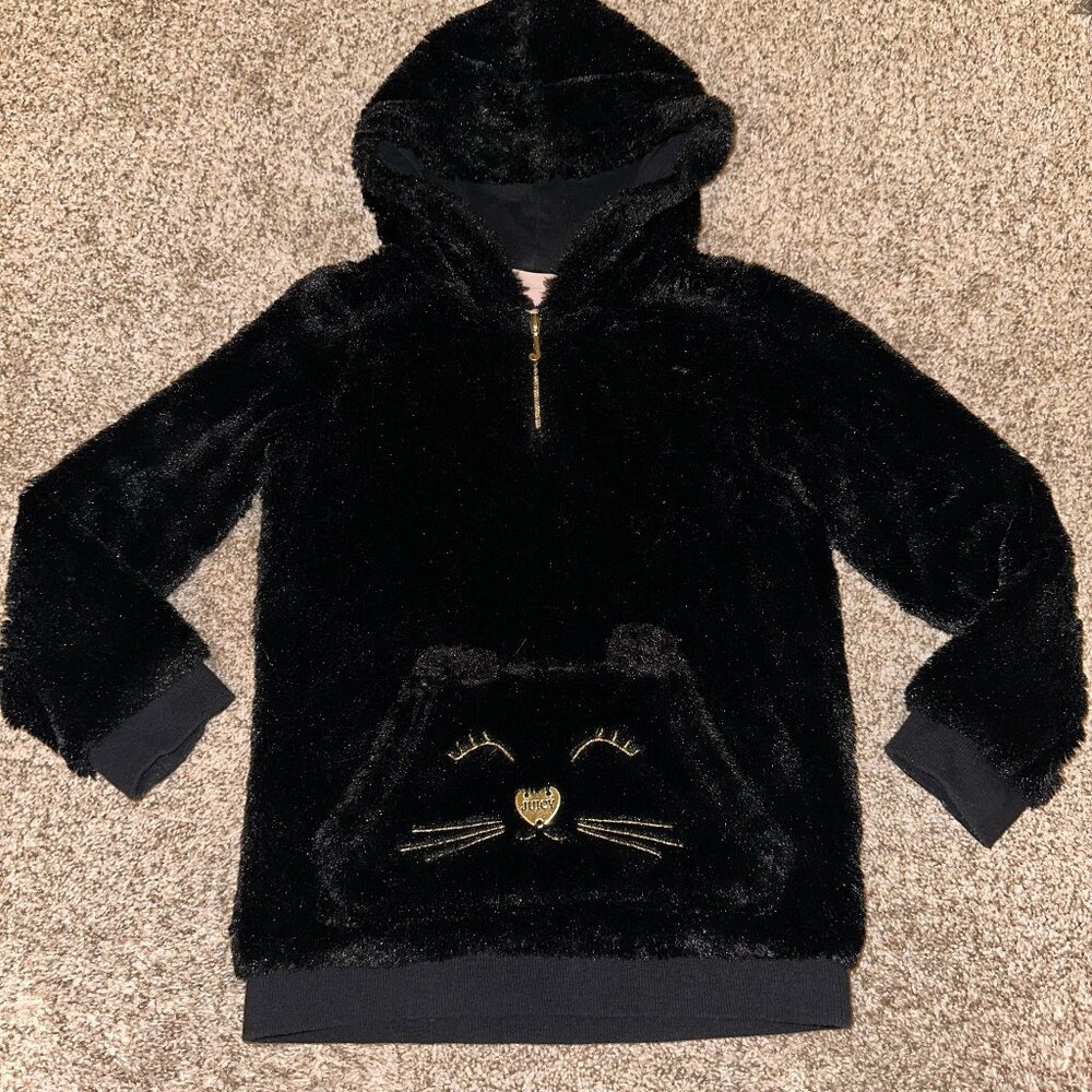 Juicy Couture Hoodie Girls 6x Black Pullover Black Cat 1/4 Zip Faux Fur Fleece